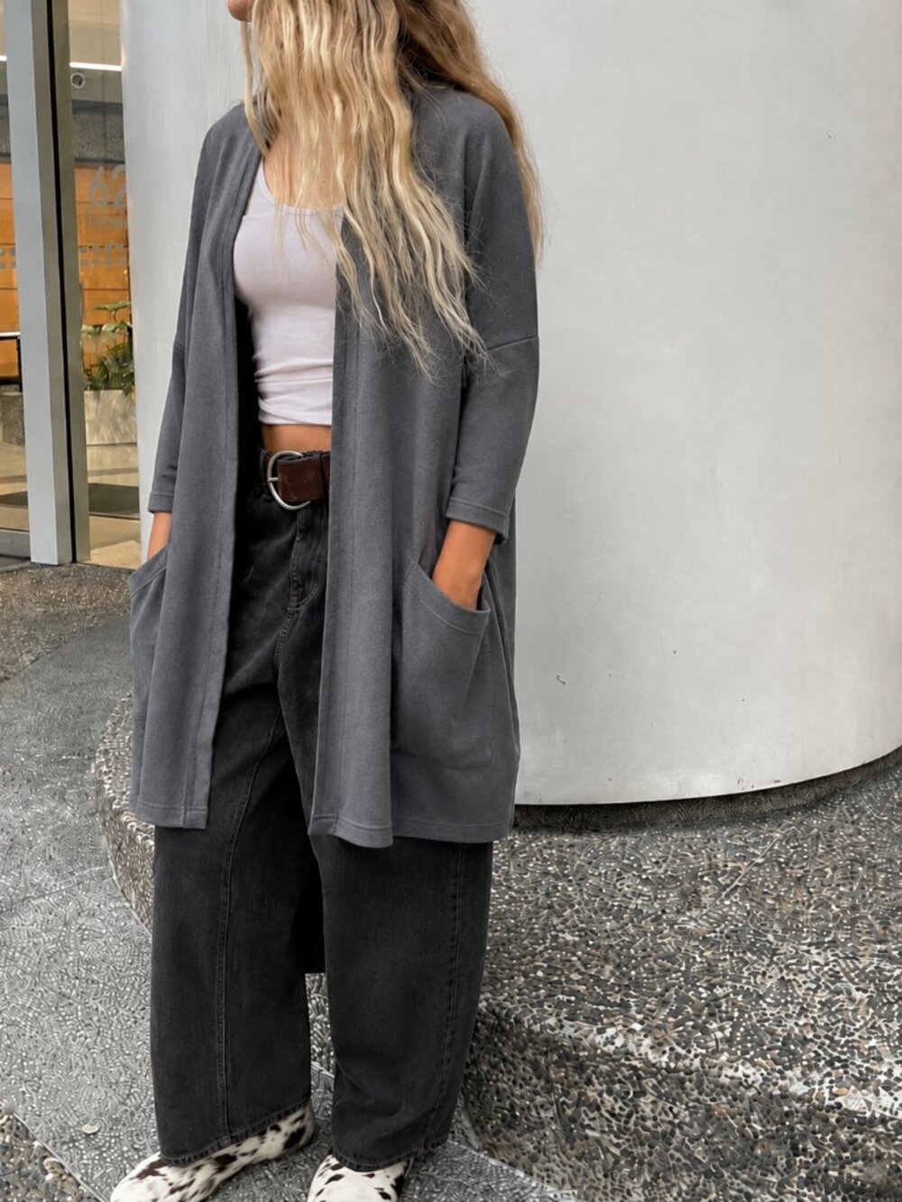Grey Knit Cardigan Duster Drop Shoulder Open Front Pockets Wide 3/4 Sleeve